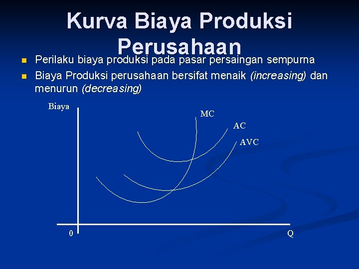 n n Kurva Biaya Produksi Perusahaan Perilaku biaya produksi pada pasar persaingan sempurna Biaya