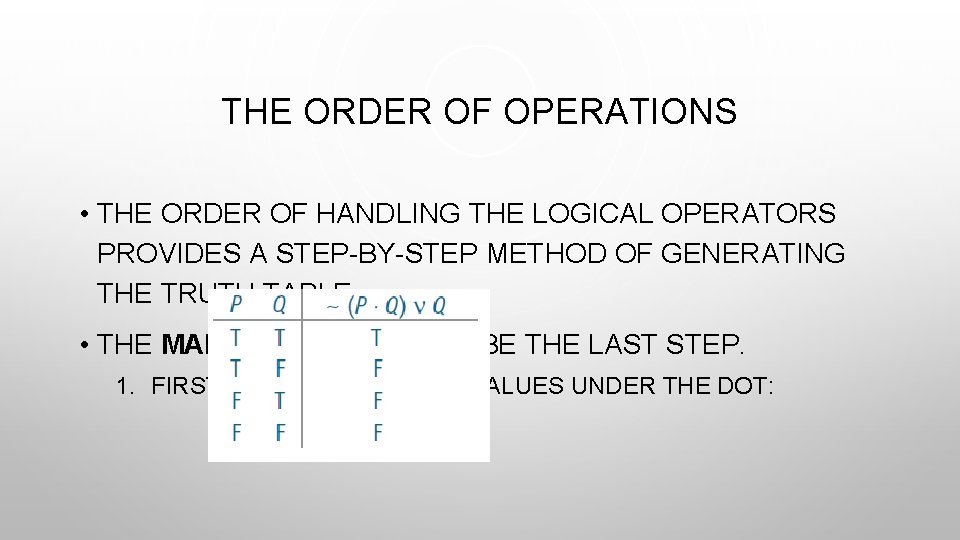 THE ORDER OF OPERATIONS • THE ORDER OF HANDLING THE LOGICAL OPERATORS PROVIDES A