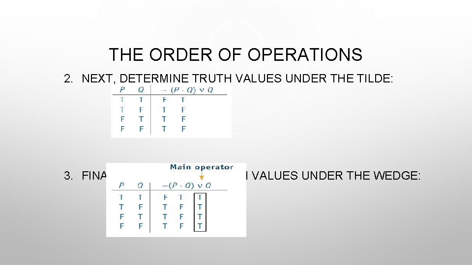 THE ORDER OF OPERATIONS 2. NEXT, DETERMINE TRUTH VALUES UNDER THE TILDE: 3. FINALLY,