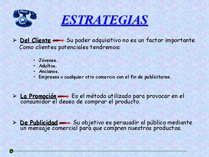 ESTRATEGIAS Ø Del Cliente Su poder adquisitivo no es un factor importante. Como clientes