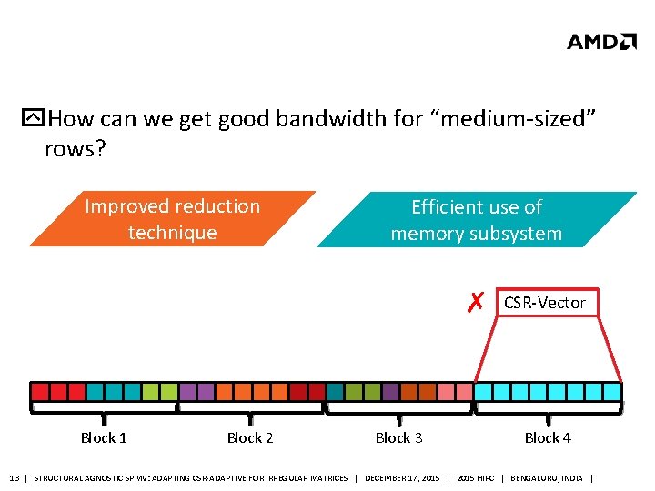  How can we get good bandwidth for “medium-sized” rows? Improved reduction technique Efficient