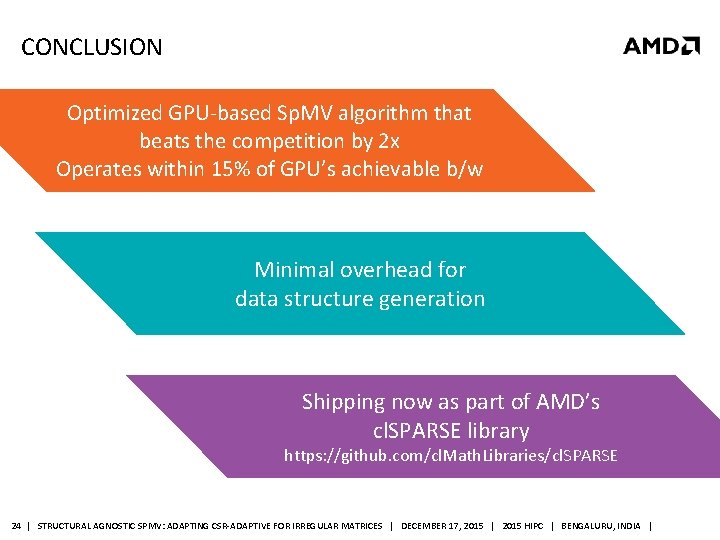 CONCLUSION Optimized GPU-based Sp. MV algorithm that beats the competition by 2 x Operates