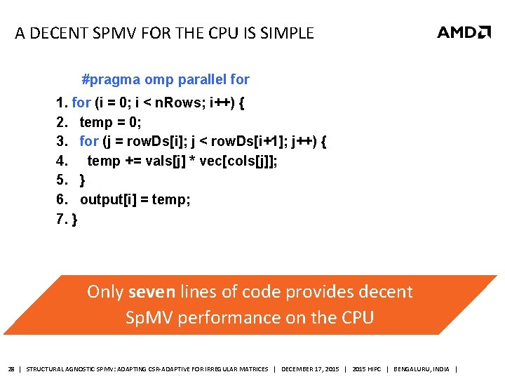 A DECENT SPMV FOR THE CPU IS SIMPLE #pragma omp parallel for 1. for