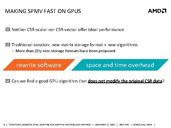 MAKING SPMV FAST ON GPUS Neither CSR-scalar nor CSR-vector offer ideal performance Traditional solution: