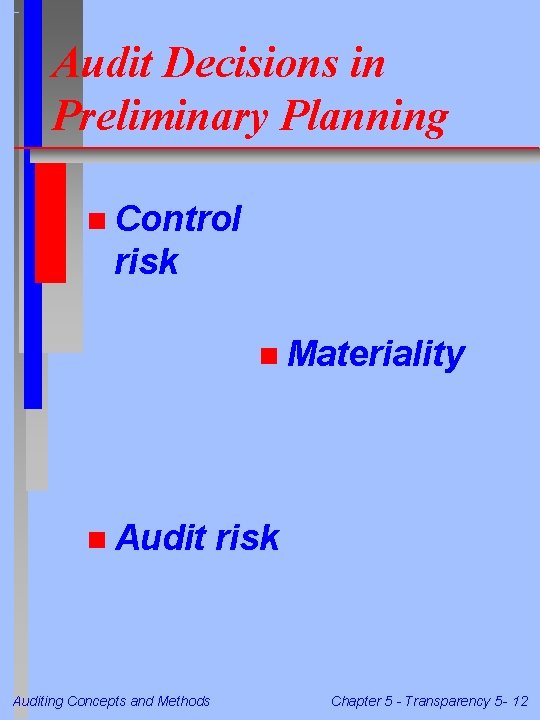 Audit Decisions in Preliminary Planning n Control risk n Materiality n Auditing Concepts and Audit Decisions in Preliminary Planning n Control risk n Materiality n Auditing Concepts and
