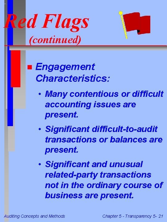 Red Flags (continued) n Engagement Characteristics: • Many contentious or difficult accounting issues are Red Flags (continued) n Engagement Characteristics: • Many contentious or difficult accounting issues are