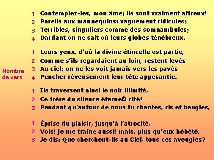 1 Contemplez-les, mon âme; ils sont vraiment affreux! 2 Pareils aux mannequins; vaguement ridicules;