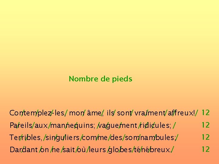 Nombre de pieds Contemplez-les, / / mon/ âme; / ils/ sont/ vraiment / /affreux!