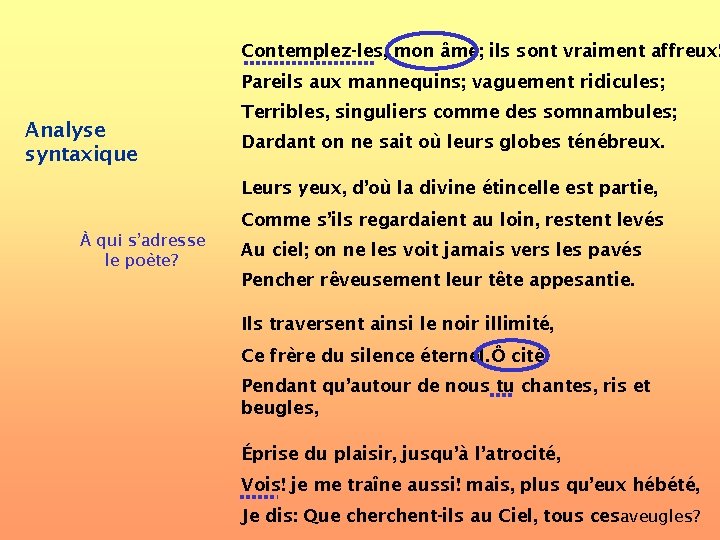 Contemplez-les, mon âme; ils sont vraiment affreux! Pareils aux mannequins; vaguement ridicules; Analyse syntaxique