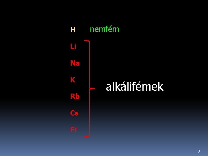 H nemfém Li Na K Rb alkálifémek Cs Fr 3 