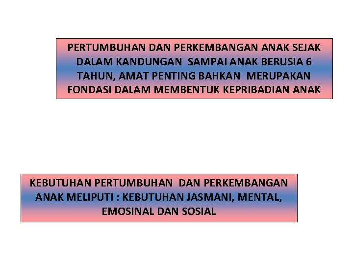 PERTUMBUHAN DAN PERKEMBANGAN ANAK SEJAK DALAM KANDUNGAN SAMPAI ANAK BERUSIA 6 TAHUN, AMAT PENTING