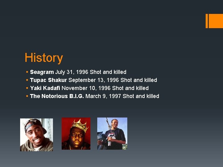 History § § Seagram July 31, 1996 Shot and killed Tupac Shakur September 13,