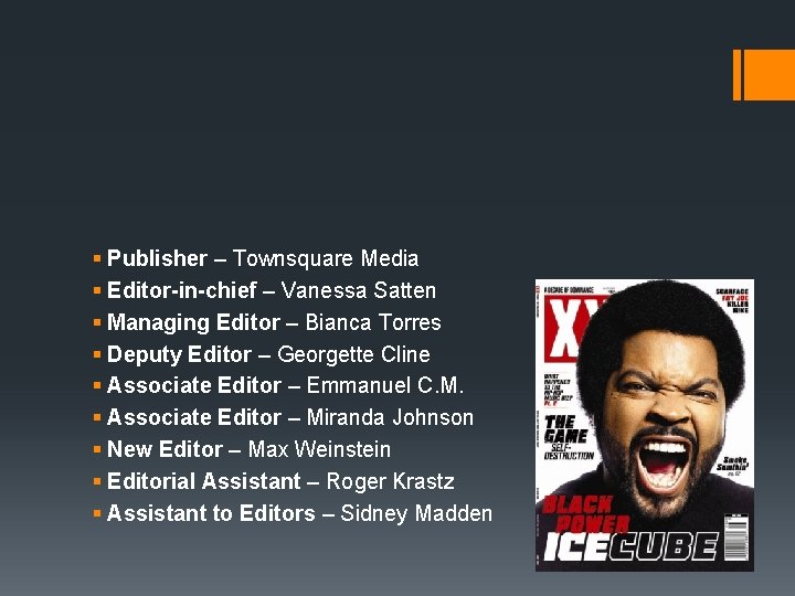 § Publisher – Townsquare Media § Editor-in-chief – Vanessa Satten § Managing Editor –