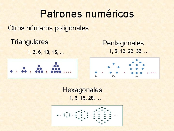 Patrones numéricos Otros números poligonales Triangulares Pentagonales 1, 5, 12, 22, 35, … 1,