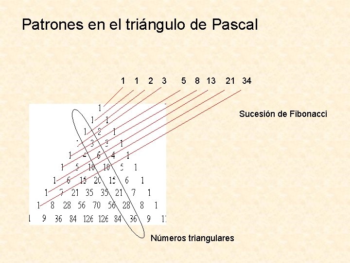 Patrones en el triángulo de Pascal 1 1 2 3 5 8 13 21