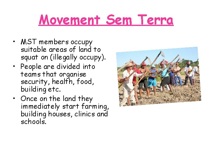 Movement Sem Terra • MST members occupy suitable areas of land to squat on