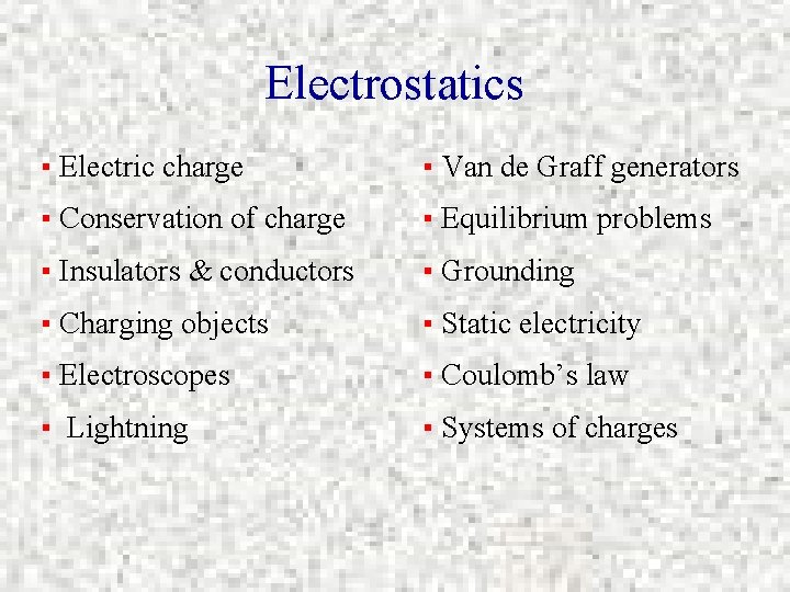 Electrostatics ▪ Electric charge ▪ Van de Graff generators ▪ Conservation of charge ▪