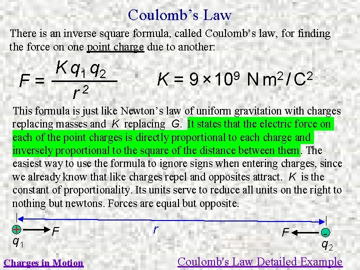 Coulomb’s Law There is an inverse square formula, called Coulomb’s law, for finding the