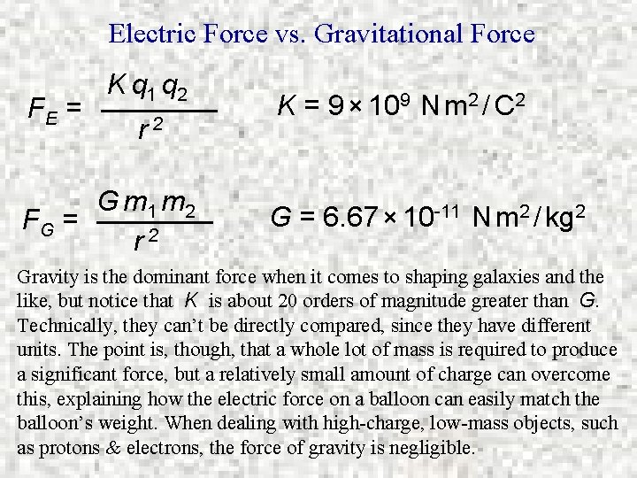 Electric Force vs. Gravitational Force FE = K q 1 q 2 r 2