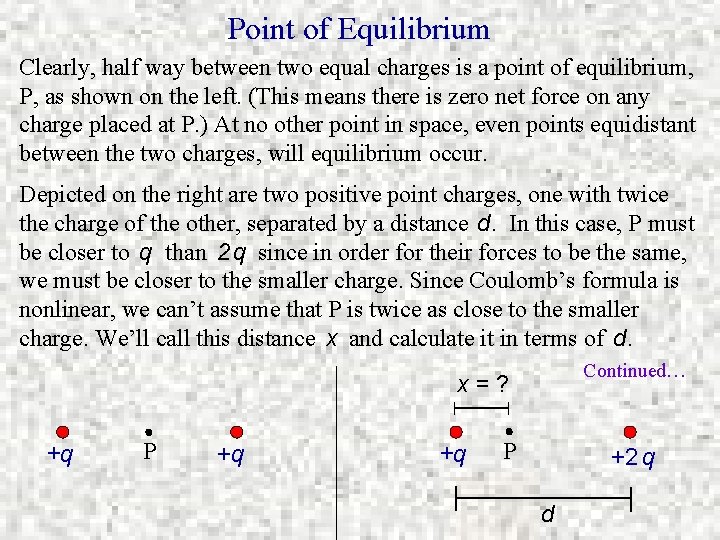 Point of Equilibrium Clearly, half way between two equal charges is a point of