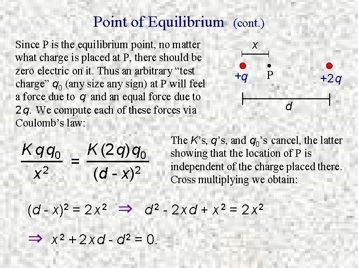 Point of Equilibrium Since P is the equilibrium point, no matter what charge is