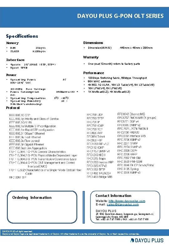 DAYOU PLUS G-PON OLT SERIES Specifications Protocol Dimensions Memory • • RAM FLASH •