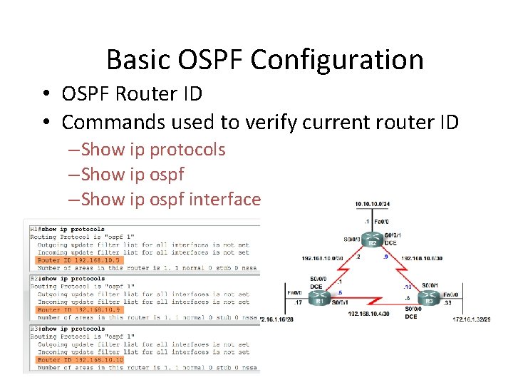 Basic OSPF Configuration • OSPF Router ID • Commands used to verify current router Basic OSPF Configuration • OSPF Router ID • Commands used to verify current router