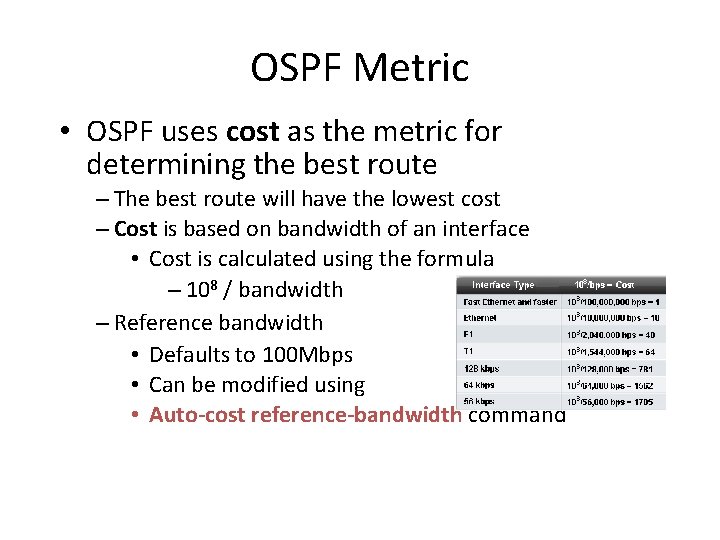 OSPF Metric • OSPF uses cost as the metric for determining the best route OSPF Metric • OSPF uses cost as the metric for determining the best route