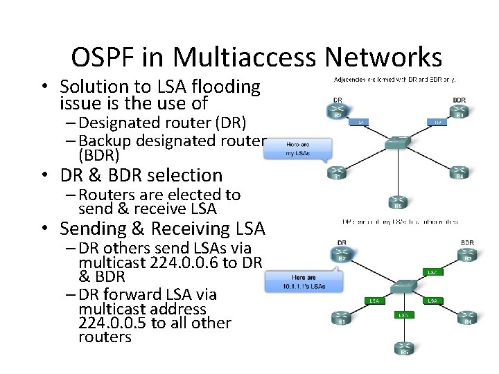 OSPF in Multiaccess Networks • Solution to LSA flooding issue is the use of OSPF in Multiaccess Networks • Solution to LSA flooding issue is the use of