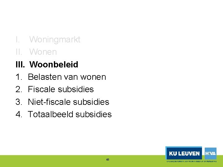 I. III. 1. 2. 3. 4. Woningmarkt Wonen Woonbeleid Belasten van wonen Fiscale subsidies