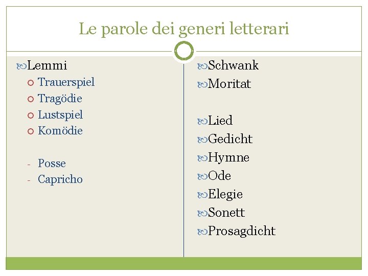 Le parole dei generi letterari Lemmi Trauerspiel Tragödie Lustspiel Komödie - Posse Capricho Schwank