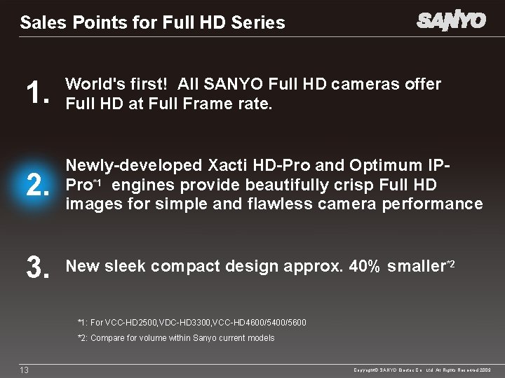 Sales Points for Full HD Series 1. World's first! All SANYO Full HD cameras
