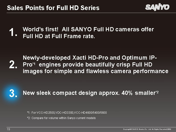 Sales Points for Full HD Series 1. World's first! All SANYO Full HD cameras