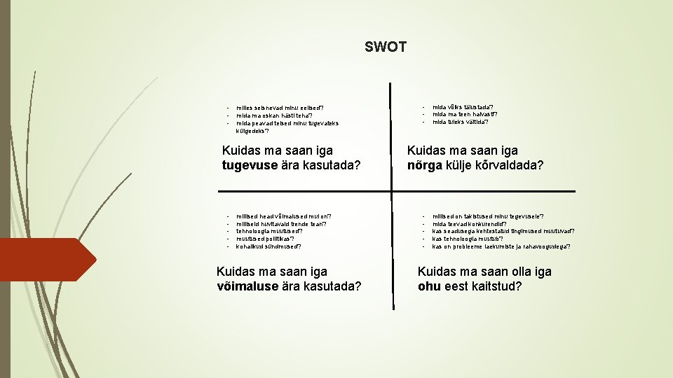 SWOT - milles seisnevad minu eelised? mida ma oskan hästi teha? mida peavad teised