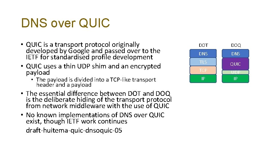 DNS over QUIC • QUIC is a transport protocol originally developed by Google and