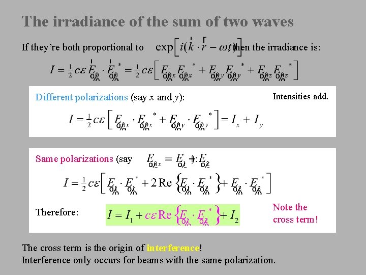 The irradiance of the sum of two waves If they’re both proportional to ,
