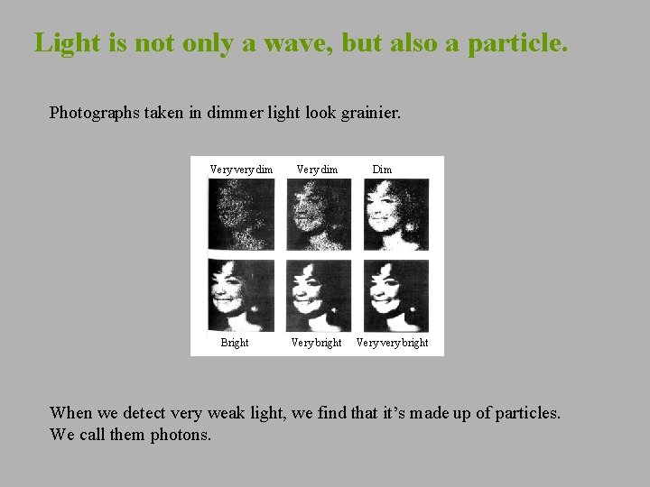 Light is not only a wave, but also a particle. Photographs taken in dimmer