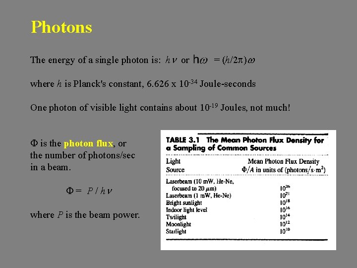Photons The energy of a single photon is: hn or = (h/2 p)w where