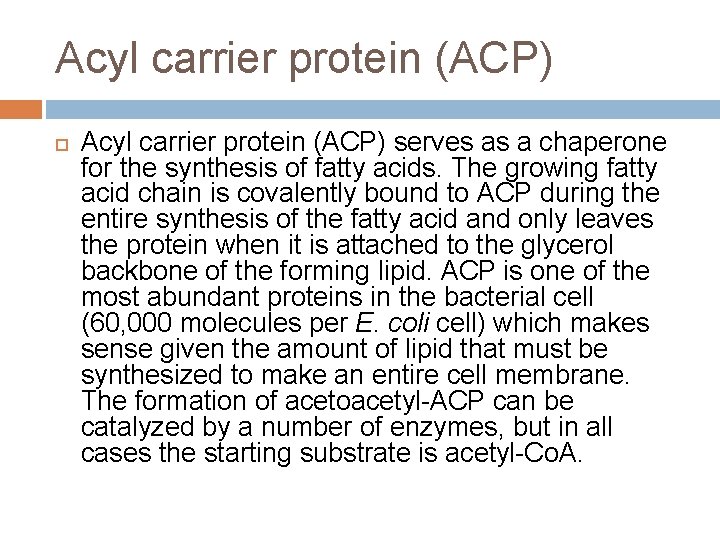 Acyl carrier protein (ACP) serves as a chaperone for the synthesis of fatty acids.