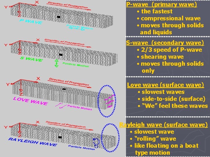 P-wave (primary wave) • the fastest • compressional wave • moves through solids and P-wave (primary wave) • the fastest • compressional wave • moves through solids and