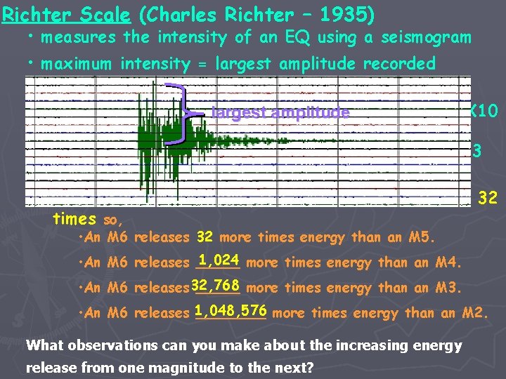 Richter Scale (Charles Richter – 1935) • measures the intensity of an EQ using Richter Scale (Charles Richter – 1935) • measures the intensity of an EQ using