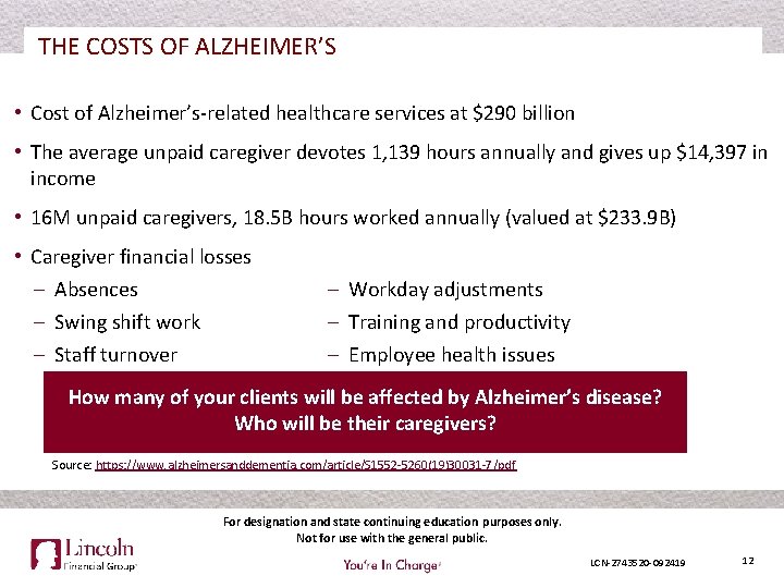 THE COSTS OF ALZHEIMER’S • Cost of Alzheimer’s-related healthcare services at $290 billion •