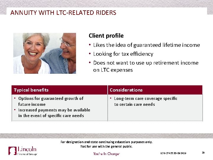 ANNUITY WITH LTC-RELATED RIDERS Client profile • Likes the idea of guaranteed lifetime income