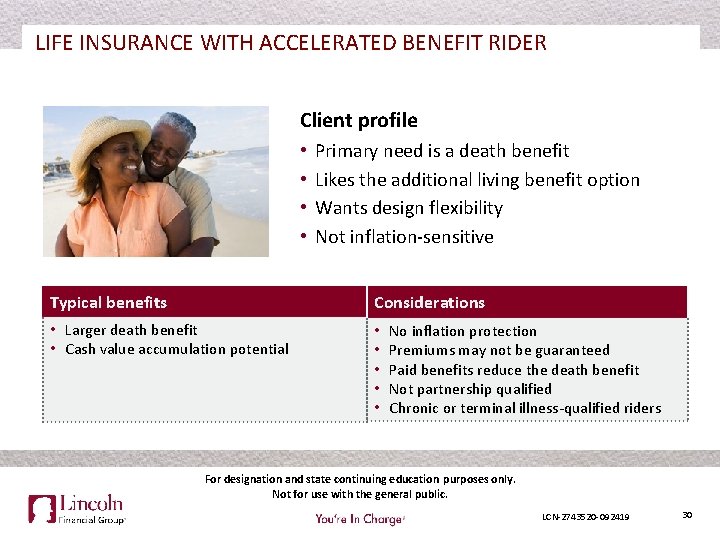 LIFE INSURANCE WITH ACCELERATED BENEFIT RIDER Client profile • • Primary need is a