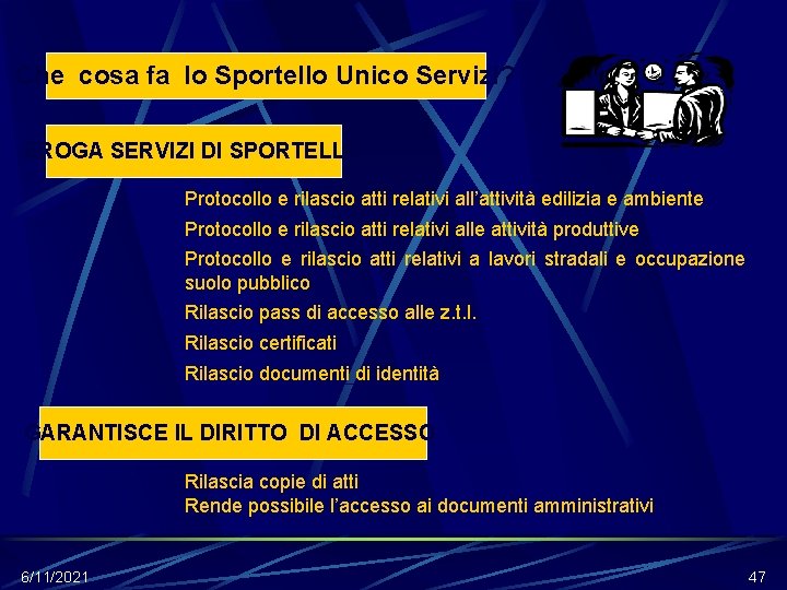 Che cosa fa lo Sportello Unico Servizi? EROGA SERVIZI DI SPORTELLO Protocollo e rilascio