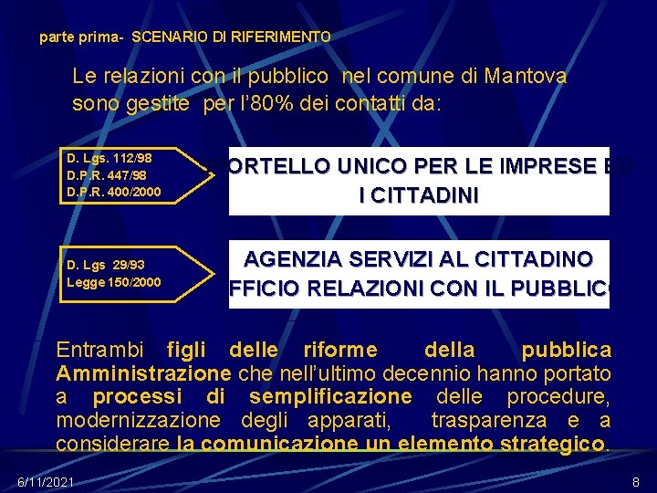 parte prima- SCENARIO DI RIFERIMENTO Le relazioni con il pubblico nel comune di Mantova parte prima- SCENARIO DI RIFERIMENTO Le relazioni con il pubblico nel comune di Mantova