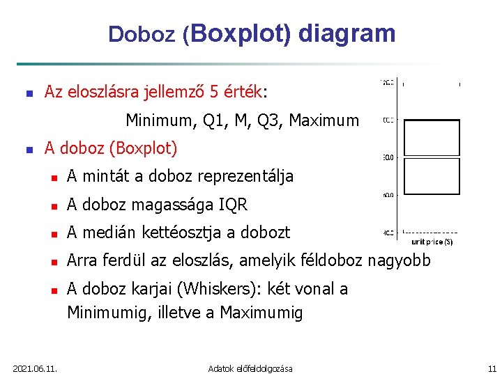 Doboz (Boxplot) diagram n Az eloszlásra jellemző 5 érték: Minimum, Q 1, M, Q