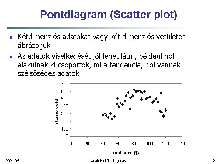 Pontdiagram (Scatter plot) n n Kétdimenziós adatokat vagy két dimenziós vetületet ábrázoljuk Az adatok