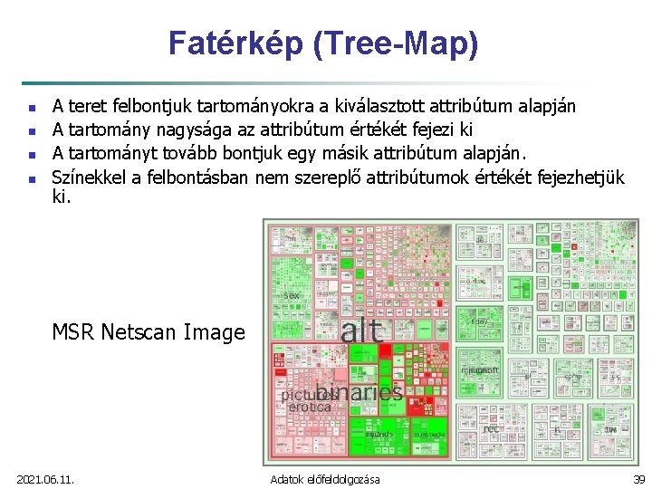 Fatérkép (Tree-Map) n n A teret felbontjuk tartományokra a kiválasztott attribútum alapján A tartomány