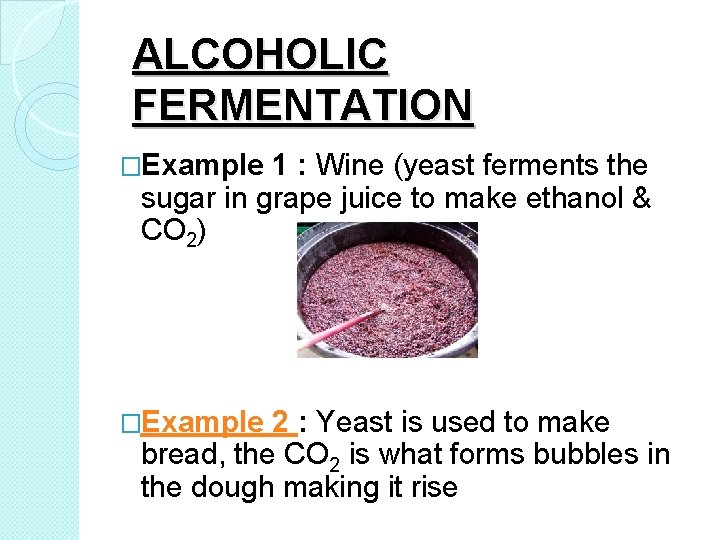 ALCOHOLIC FERMENTATION �Example 1 : Wine (yeast ferments the sugar in grape juice to